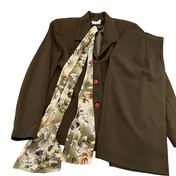 Travis Ayers Skirt Suit Women 12 30W x 24.5L Brown‎ Floral Scarf Woven Poly - Picture 1 of 16